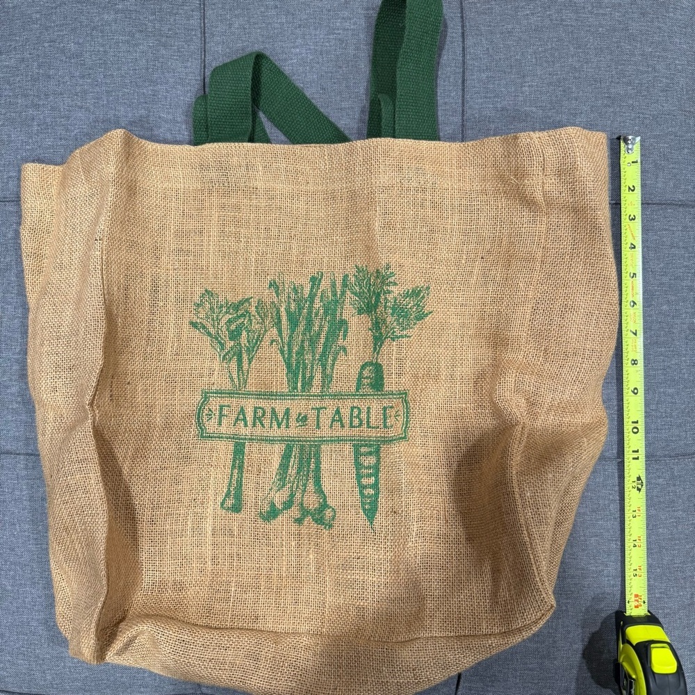 Farm to Table Burlap Tote Bag with Green Handles - Picture 4 of 4